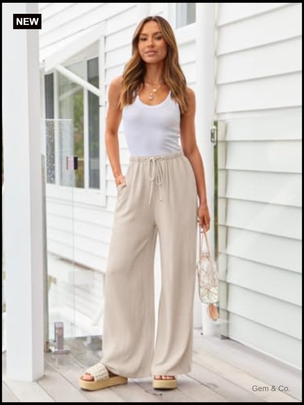 Women's Linen Palazzo Pants Flowy Wide Leg Summer Pants with Pockets - Picture 2 of 6